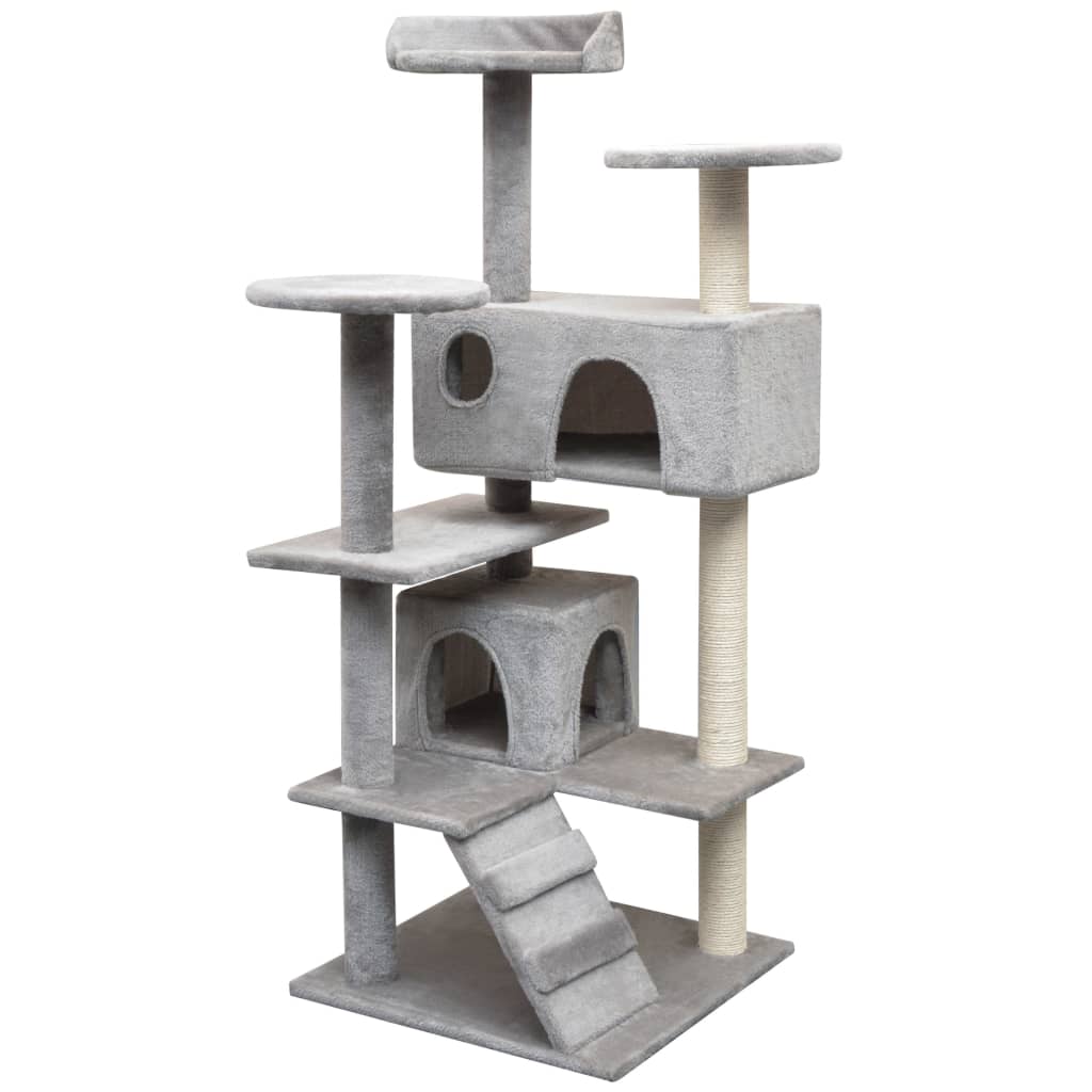 Arbre à chat en bois avec niche avec panier – Gris – 125 cm