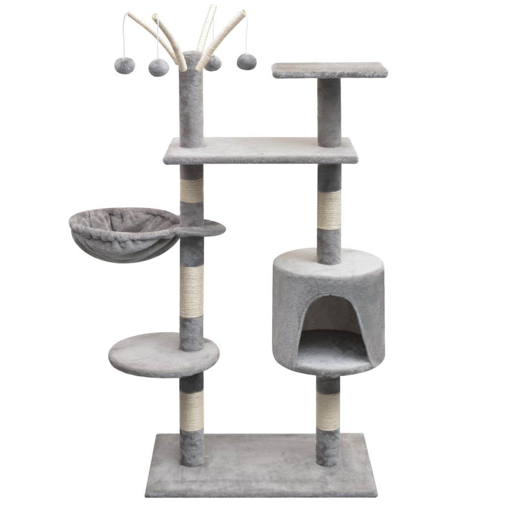 Arbre à chat en bois avec niche avec hamac – Gris – 125 cm