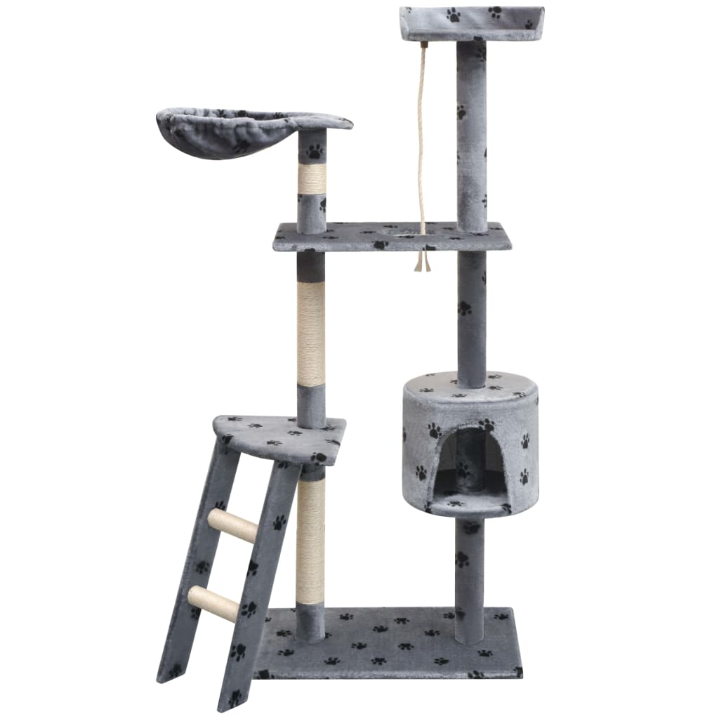 Arbre à chat en bois avec niche – Gris (avec des empreintes de pattes noires)