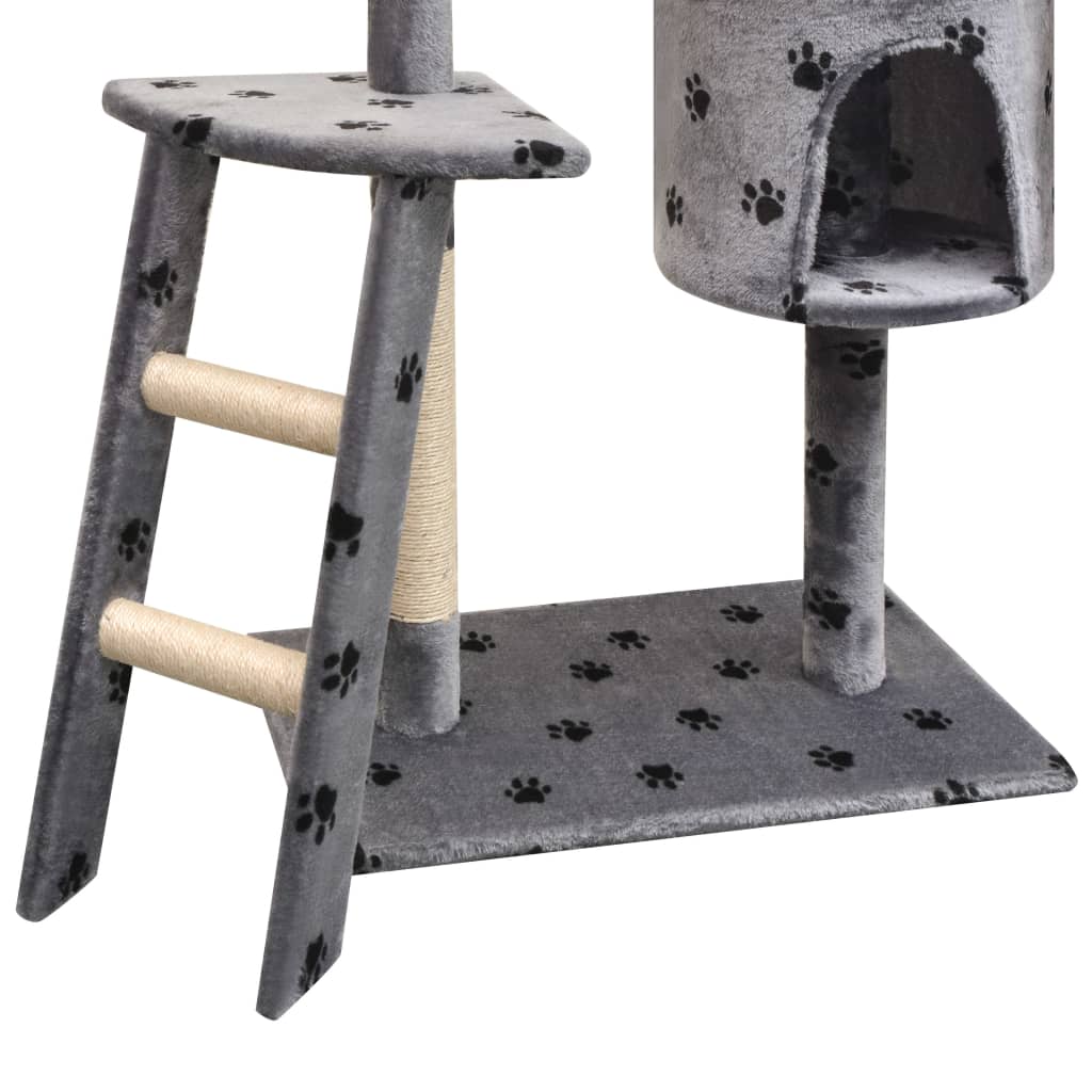 Arbre à chat en bois avec niche – Gris (avec des empreintes de pattes noires) – vue 3