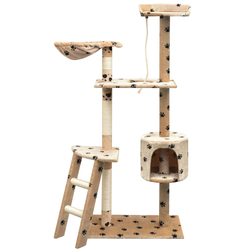 Arbre à chat en bois avec niche – Beige (avec des empreintes de pattes noires)