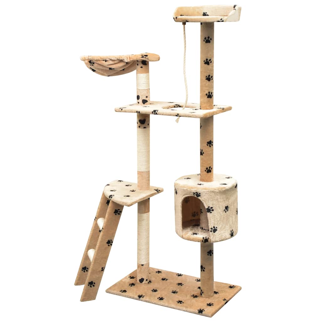 Arbre à chat en bois avec niche – Beige (avec des empreintes de pattes noires) – vue 2