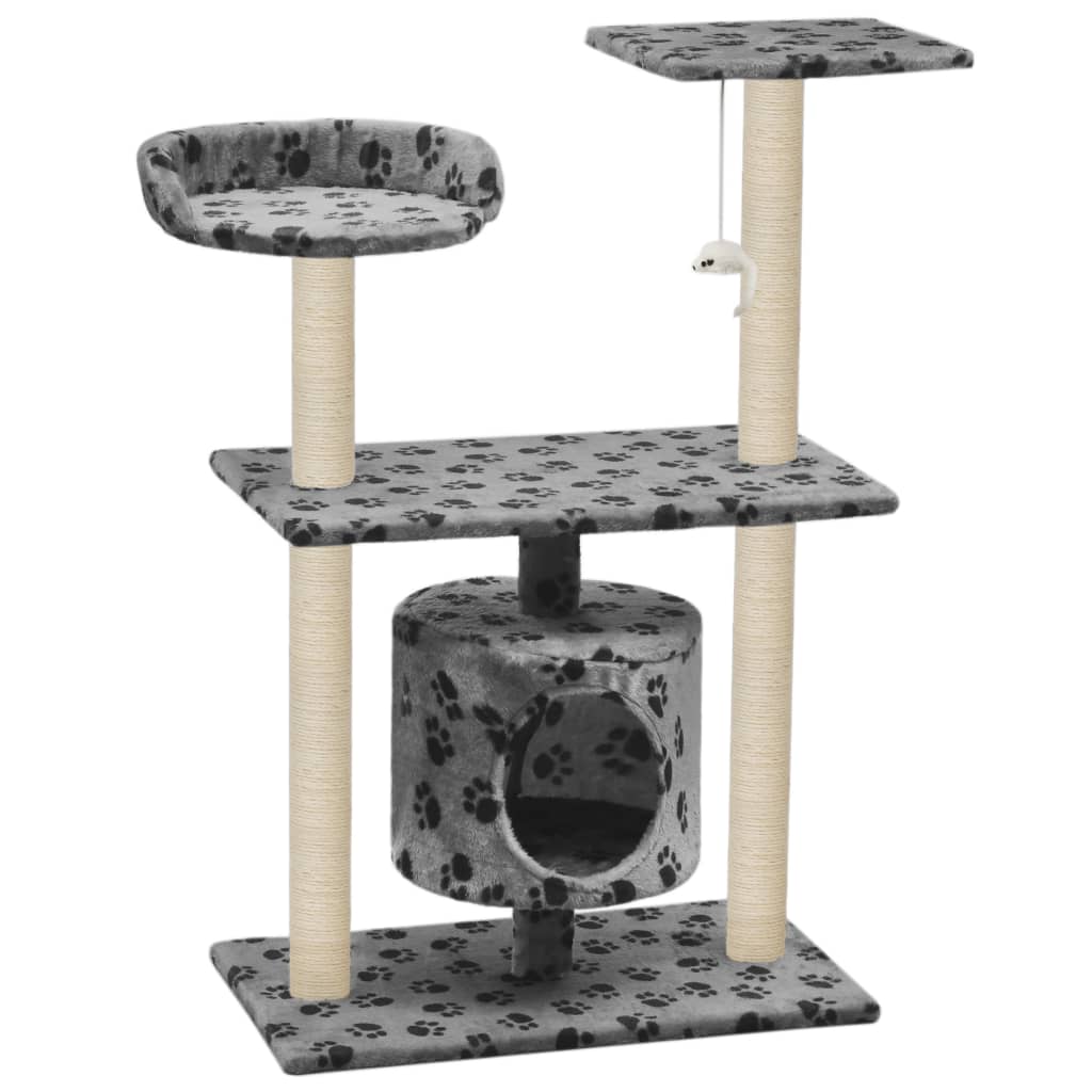 Petit arbre à chat en bois avec niche – Gris avec empreinte de patte – 95 cm – vue 2