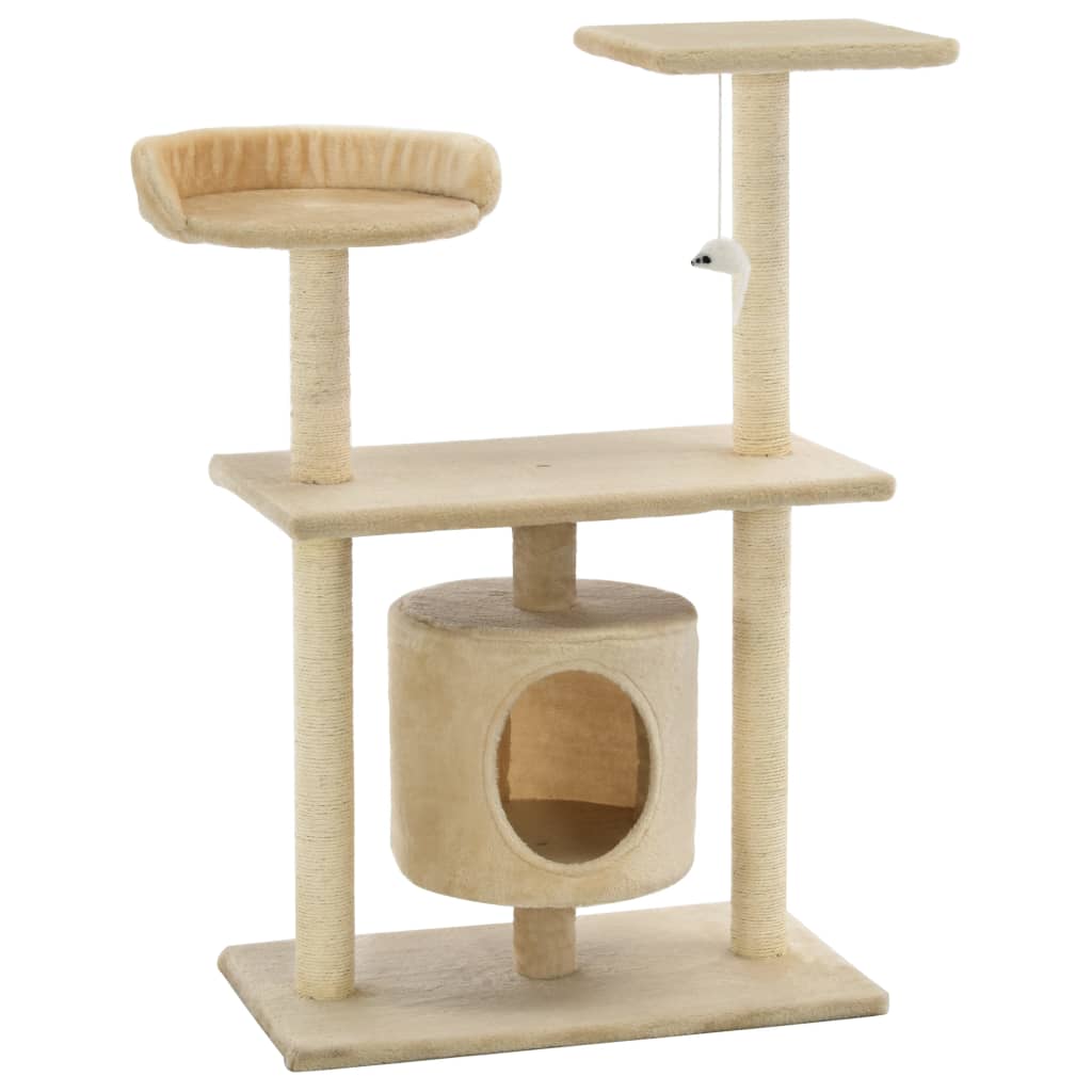 Petit arbre à chat en bois avec niche avec panier – Beige – 95 cm – vue 2