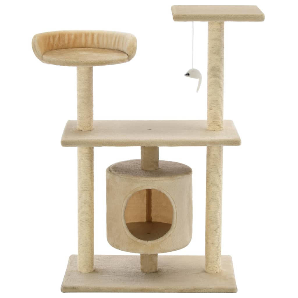 Petit arbre à chat en bois avec niche avec panier – Beige – 95 cm – vue 3