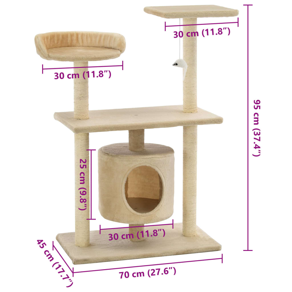 Petit arbre à chat en bois avec niche avec panier – Beige – 95 cm – vue 8