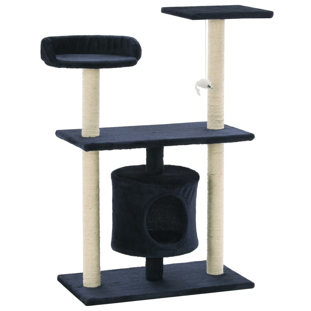 Petit arbre à chat en bois avec niche avec panier – Bleu foncé – 95 cm – vue 2