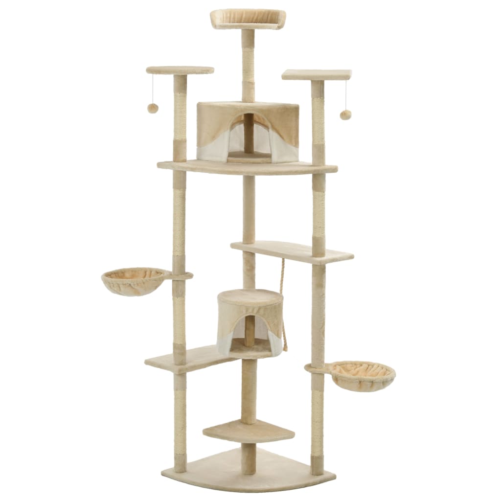 Arbre à chat XXL en bois avec niche avec panier – Beige et blanc – 203 cm – vue 2