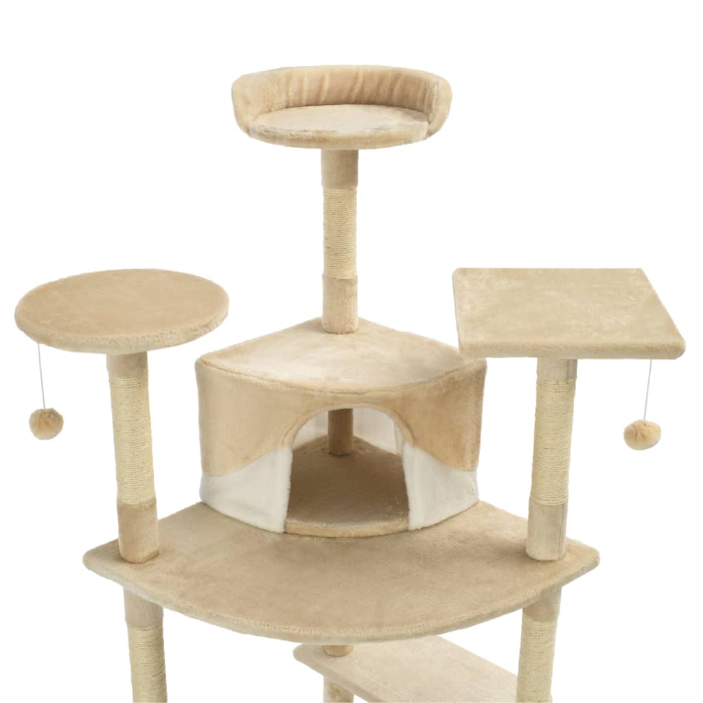 Arbre à chat XXL en bois avec niche avec panier – Beige et blanc – 203 cm – vue 4