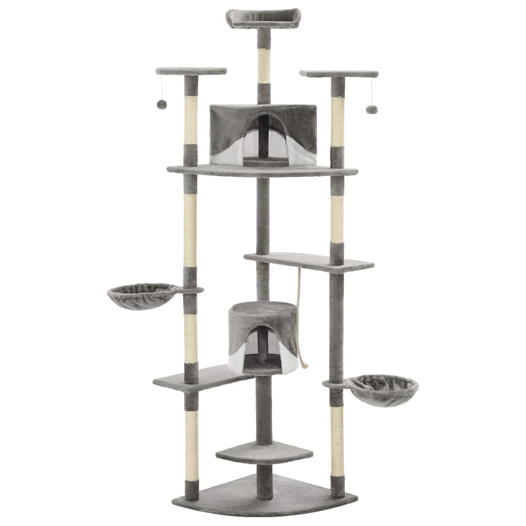 Arbre à chat XXL en bois avec niche avec panier – Gris et blanc – 203 cm – vue 2
