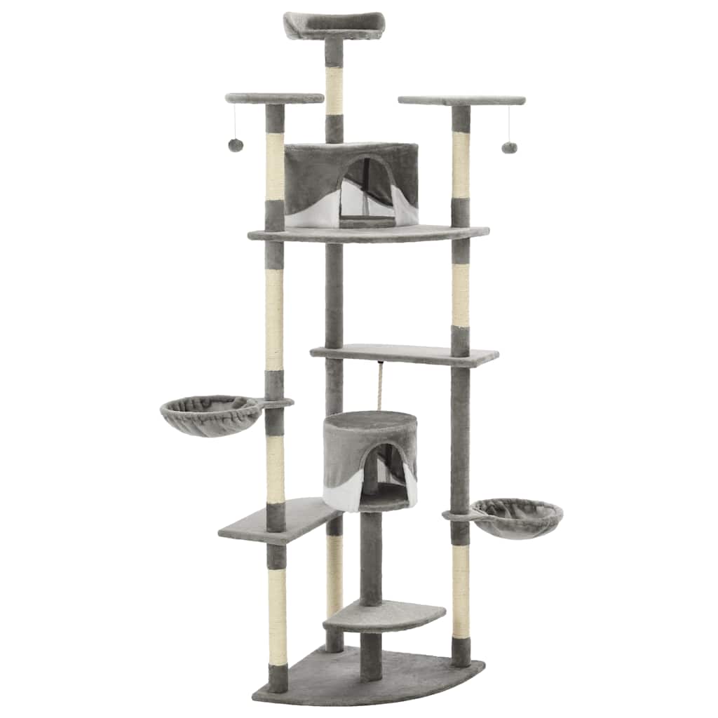 Arbre à chat XXL en bois avec niche avec panier – Gris et blanc – 203 cm – vue 3