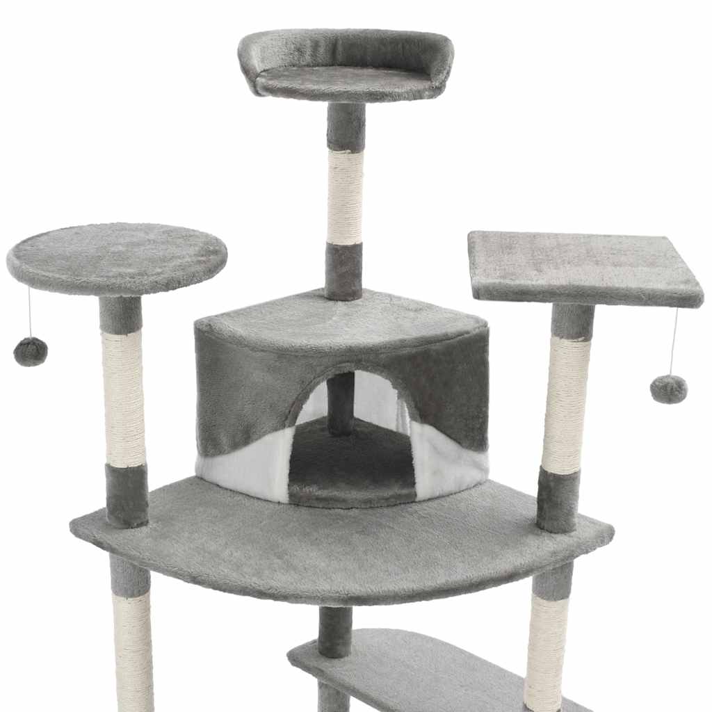 Arbre à chat XXL en bois avec niche avec panier – Gris et blanc – 203 cm – vue 4