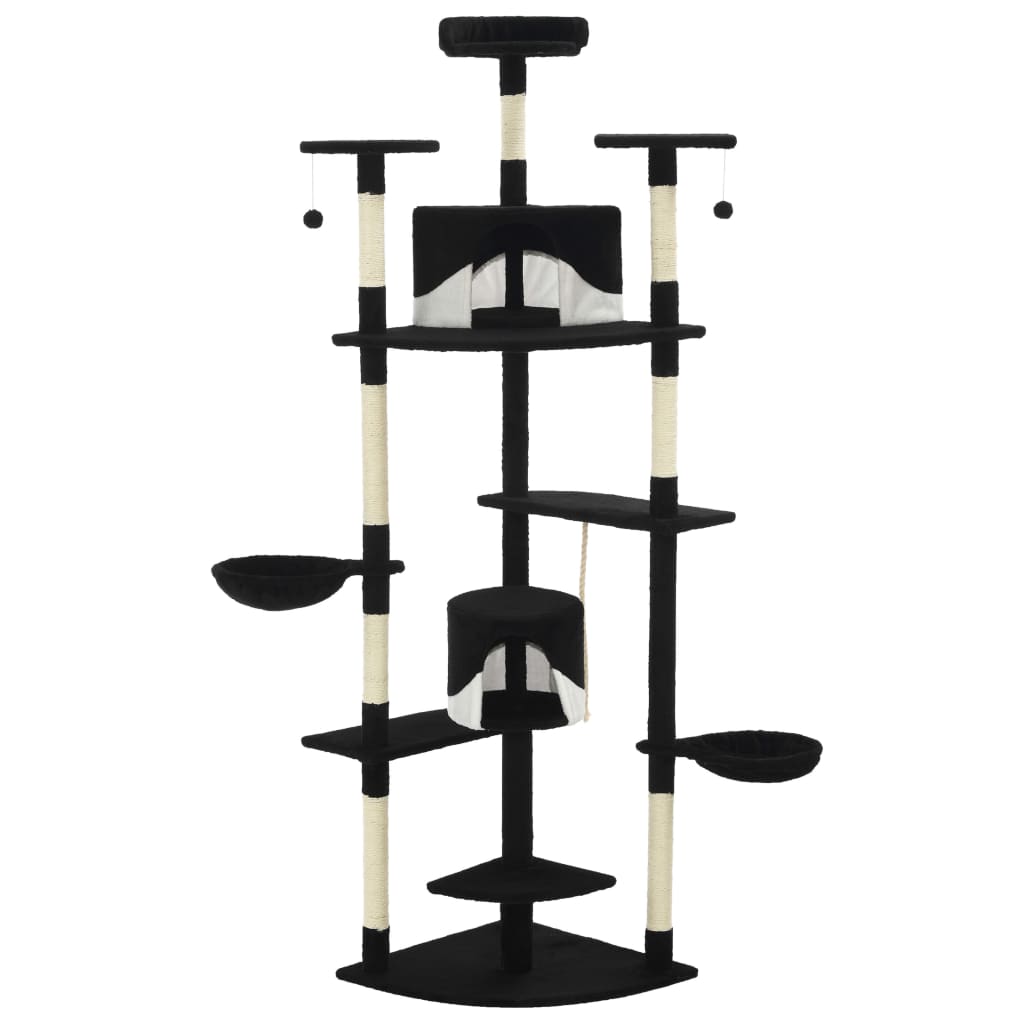 Arbre à chat XXL en bois avec niche avec panier – Noir et blanc – 203 cm – vue 2
