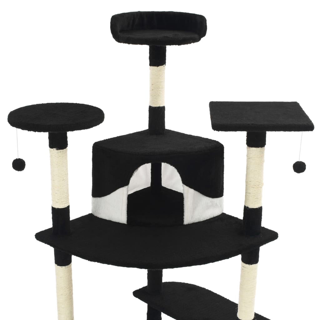Arbre à chat XXL en bois avec niche avec panier – Noir et blanc – 203 cm – vue 4