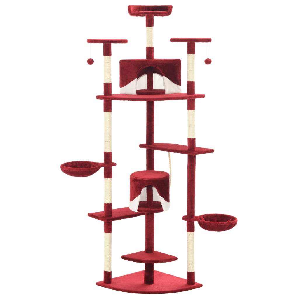 Arbre à chat XXL en bois avec niche avec panier – Rouge et blanc – 203 cm – vue 2