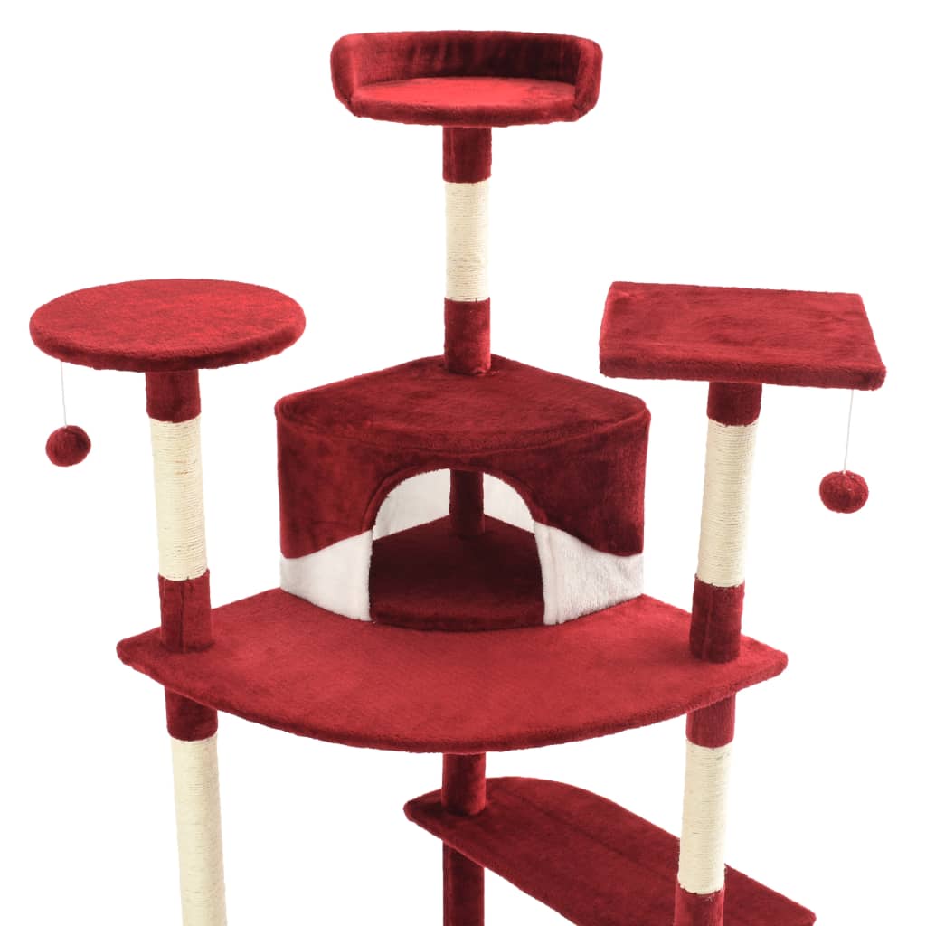 Arbre à chat XXL en bois avec niche avec panier – Rouge et blanc – 203 cm – vue 4