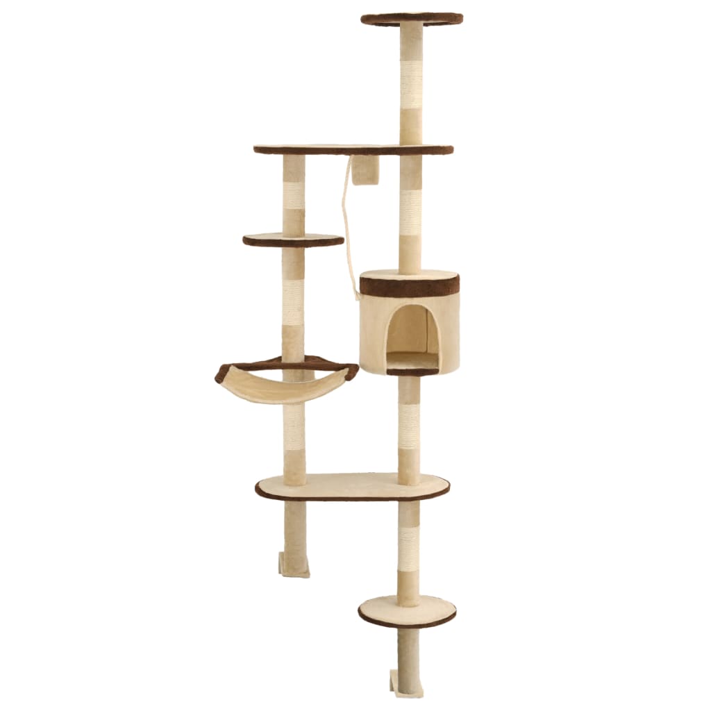 Arbre à chat mural en bois avec niche avec panier – Beige et marron – 194 cm – vue 2