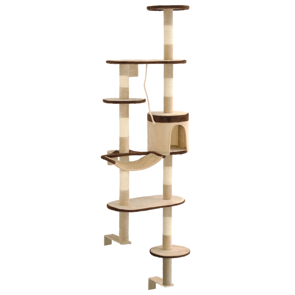 Arbre à chat mural en bois avec niche avec panier – Beige et marron – 194 cm – vue 3