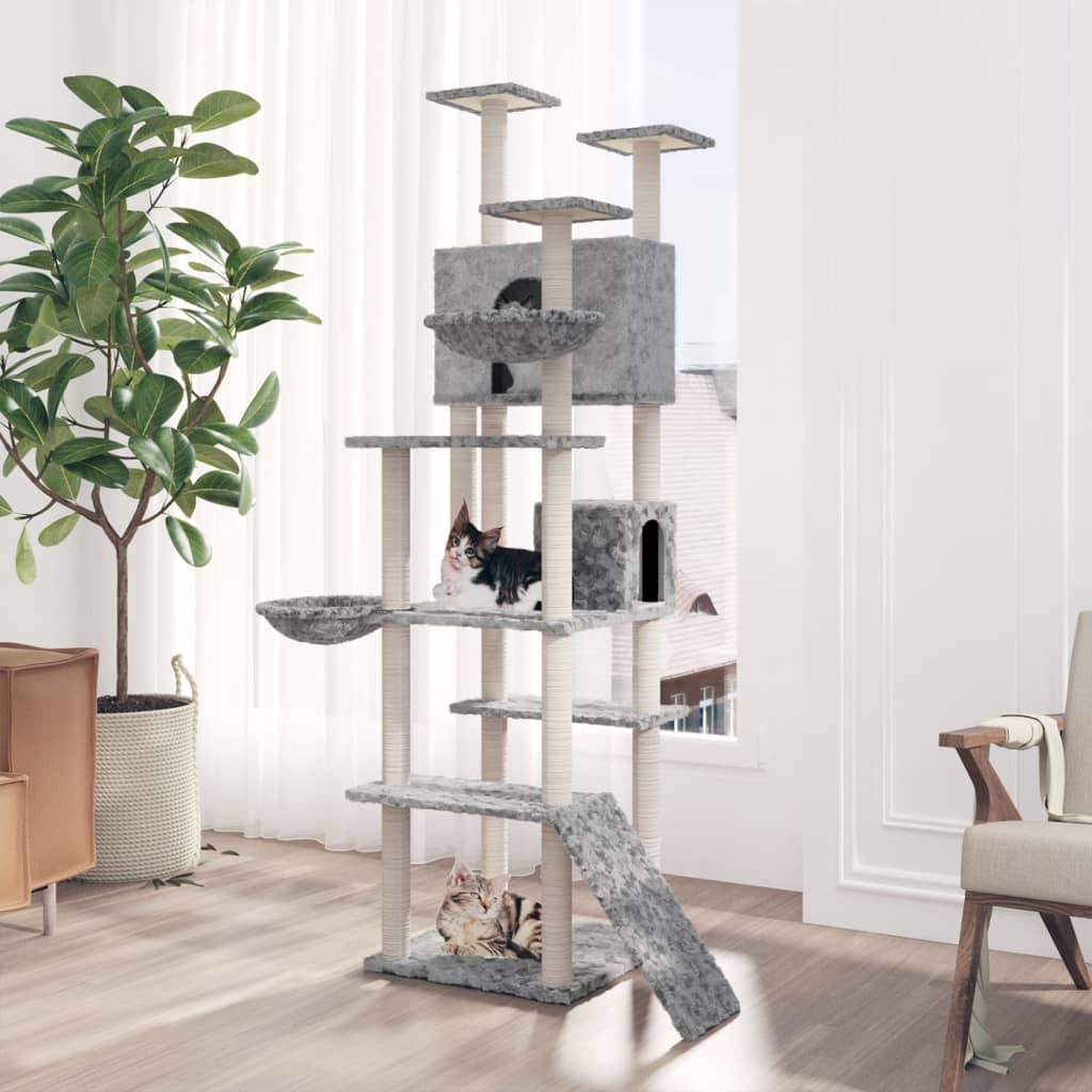 Arbre à chat XXL en bois avec niche avec panier – Gris clair – 191 cm