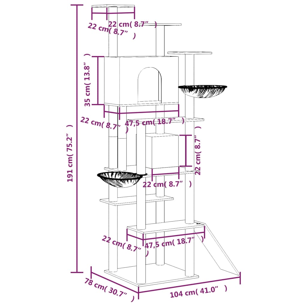 Arbre à chat XXL en bois avec niche avec panier – Gris foncé – 191 cm – vue 7