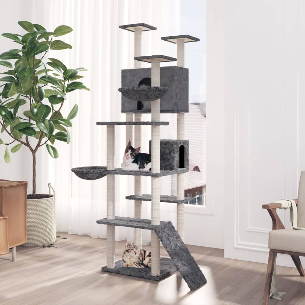 Arbre à chat XXL en bois avec niche avec panier – Gris foncé – 191 cm