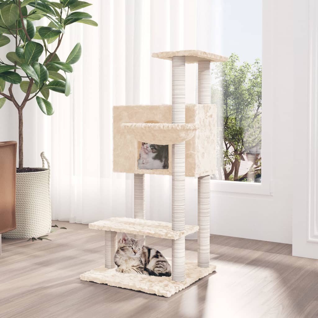 Arbre à chat en bois avec niche avec panier – Crème – 108 cm