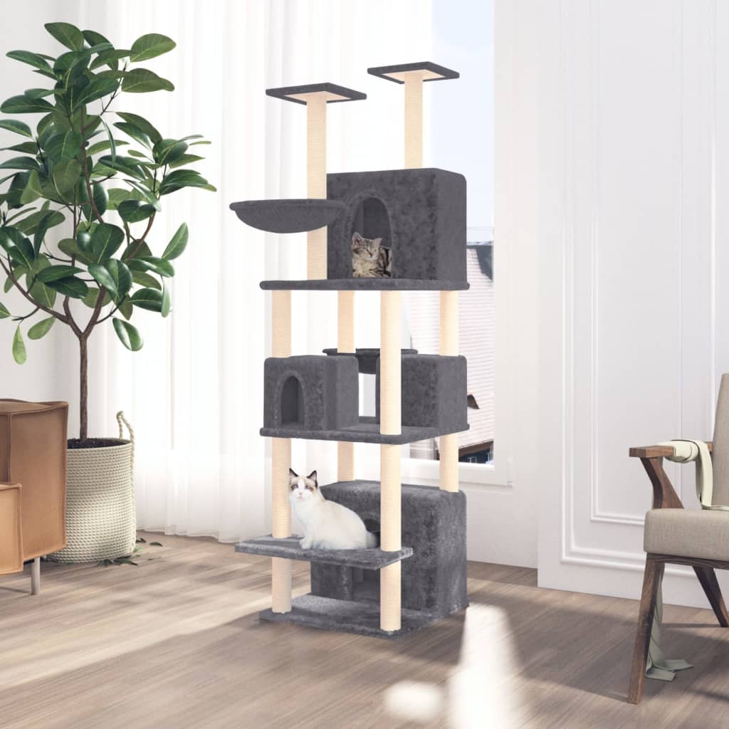 Arbre à chat XXL en bois avec niche avec hamac – Gris foncé – 180 cm