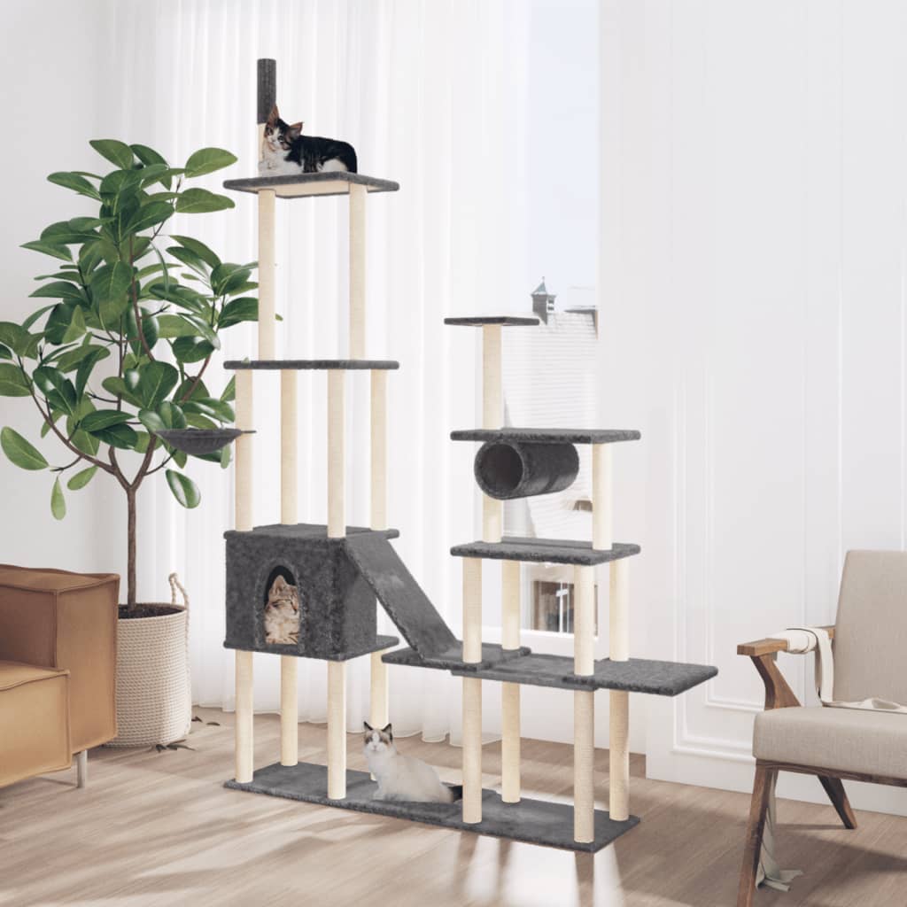 Arbre à chat XXL en bois avec niche avec hamac – Gris foncé – 279 cm