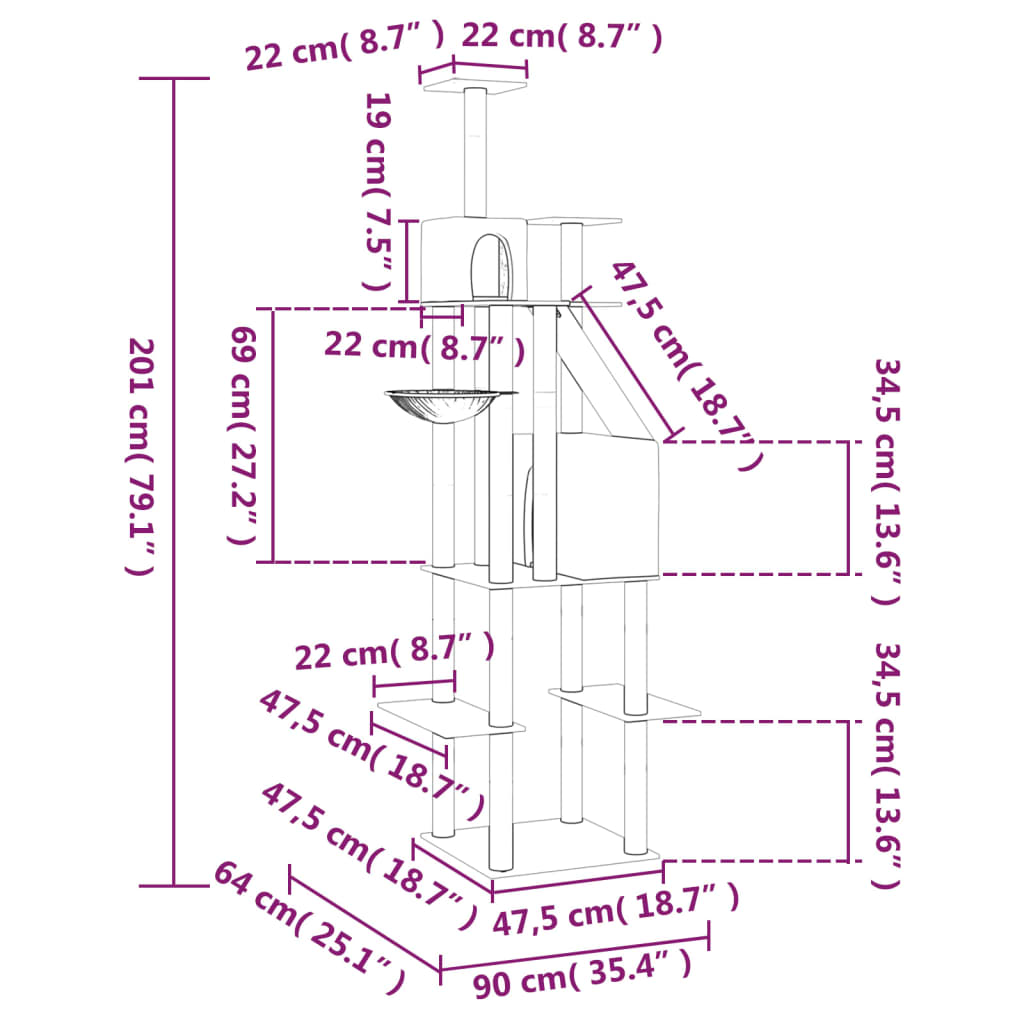 Arbre à chat XXL en bois avec niche avec panier – Crème – 201 cm – vue 7