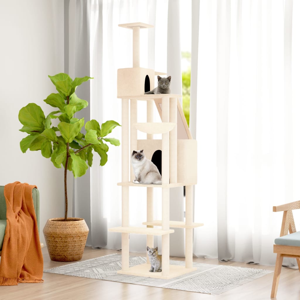 Arbre à chat XXL en bois avec niche avec panier – Crème – 201 cm