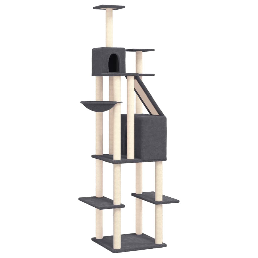 Arbre à chat XXL en bois avec niche avec panier – Gris foncé – 201 cm – vue 2