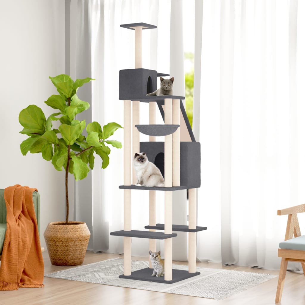 Arbre à chat XXL en bois avec niche avec panier – Gris foncé – 201 cm