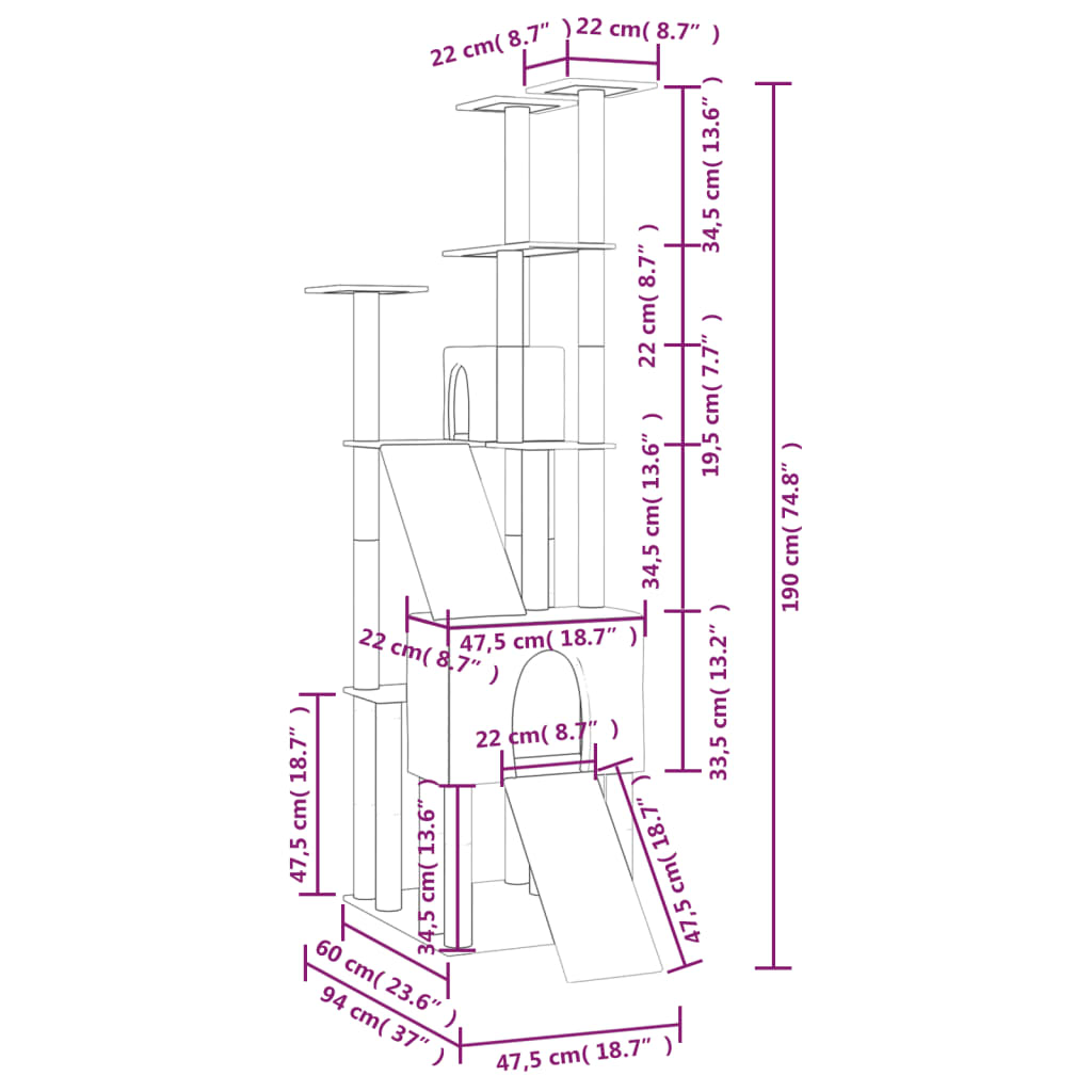 Arbre à chat XXL en bois avec niche – Crème – 190 cm – vue 7