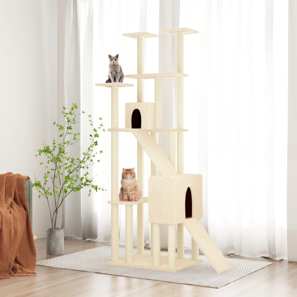 Arbre à chat XXL en bois avec niche – Crème – 190 cm