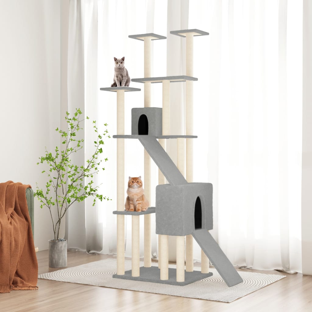 Arbre à chat XXL en bois avec niche – Gris clair – 190 cm