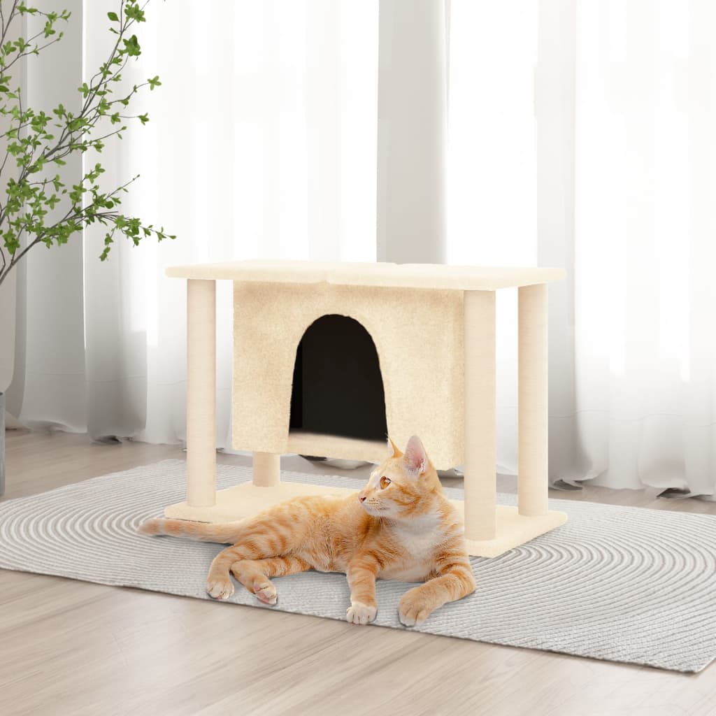Petit arbre à chat en bois avec niche – Crème – 50 cm