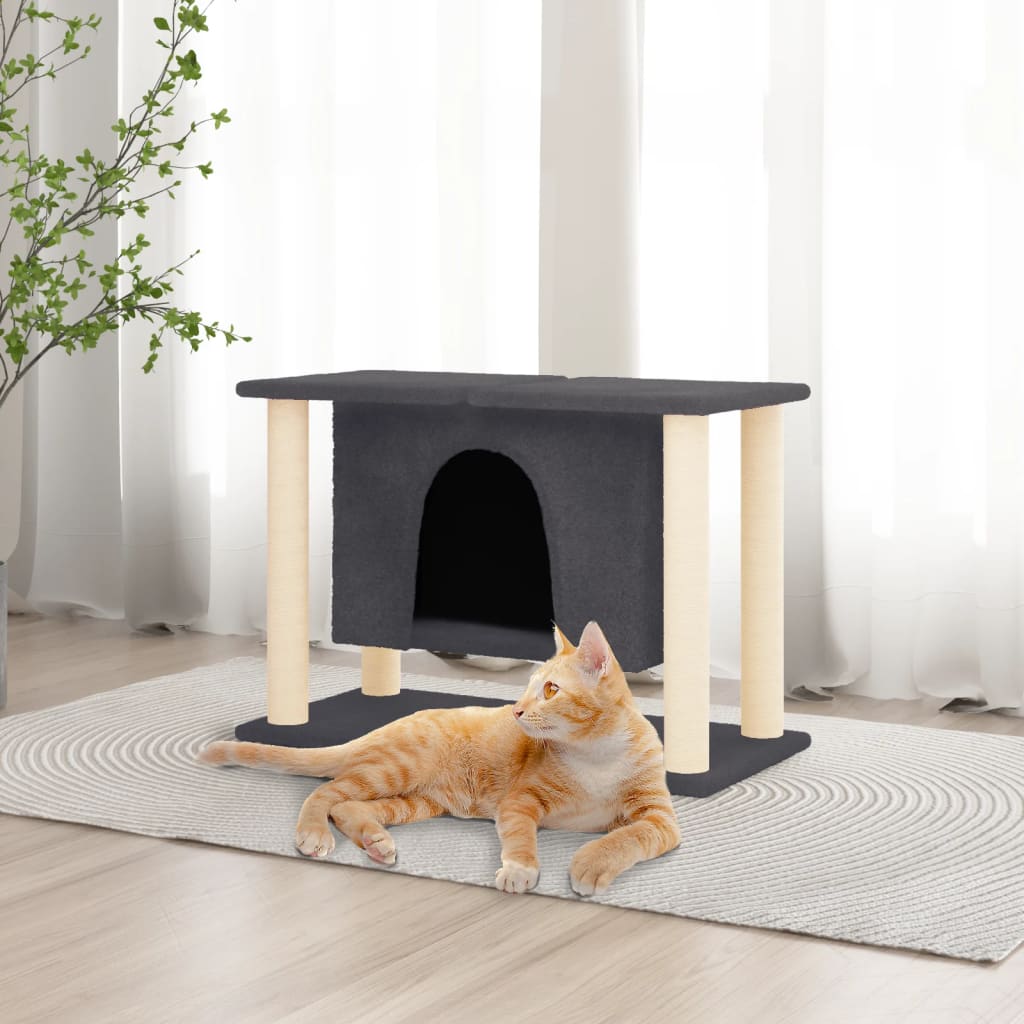 Petit arbre à chat en bois avec niche – Gris foncé – 50 cm