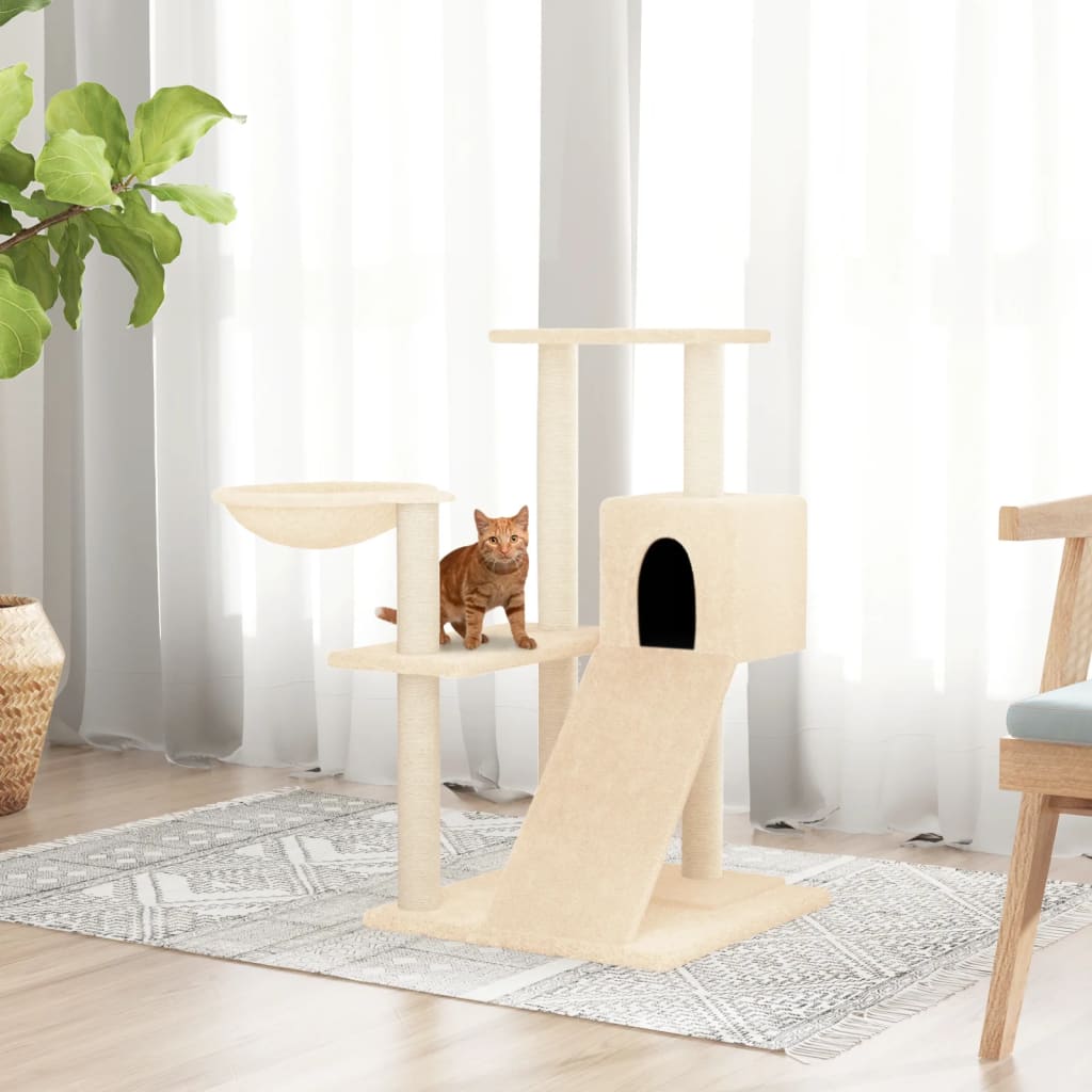 Petit arbre à chat en bois avec niche avec hamac – Crème – 82 cm