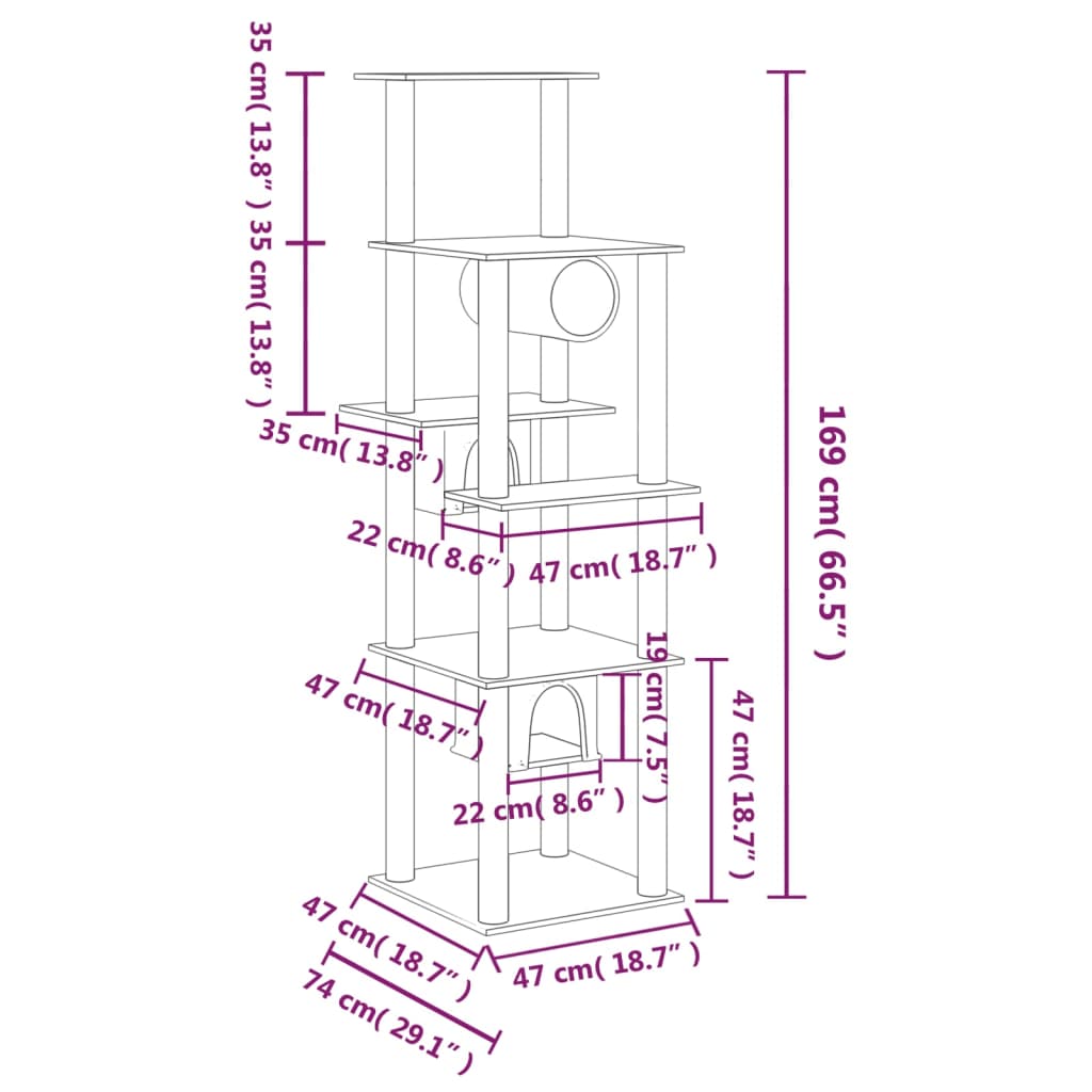 Arbre à chat en bois avec niche avec tunnel – Crème – 169 cm – vue 7