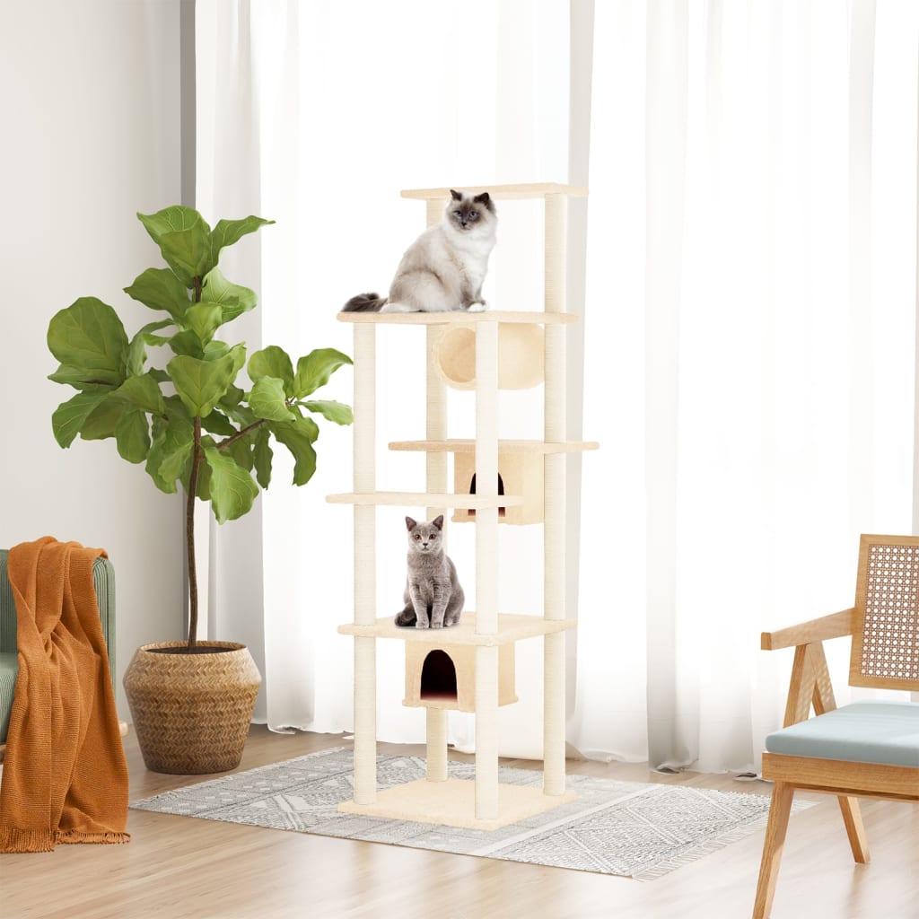 Arbre à chat en bois avec niche avec tunnel – Crème – 169 cm