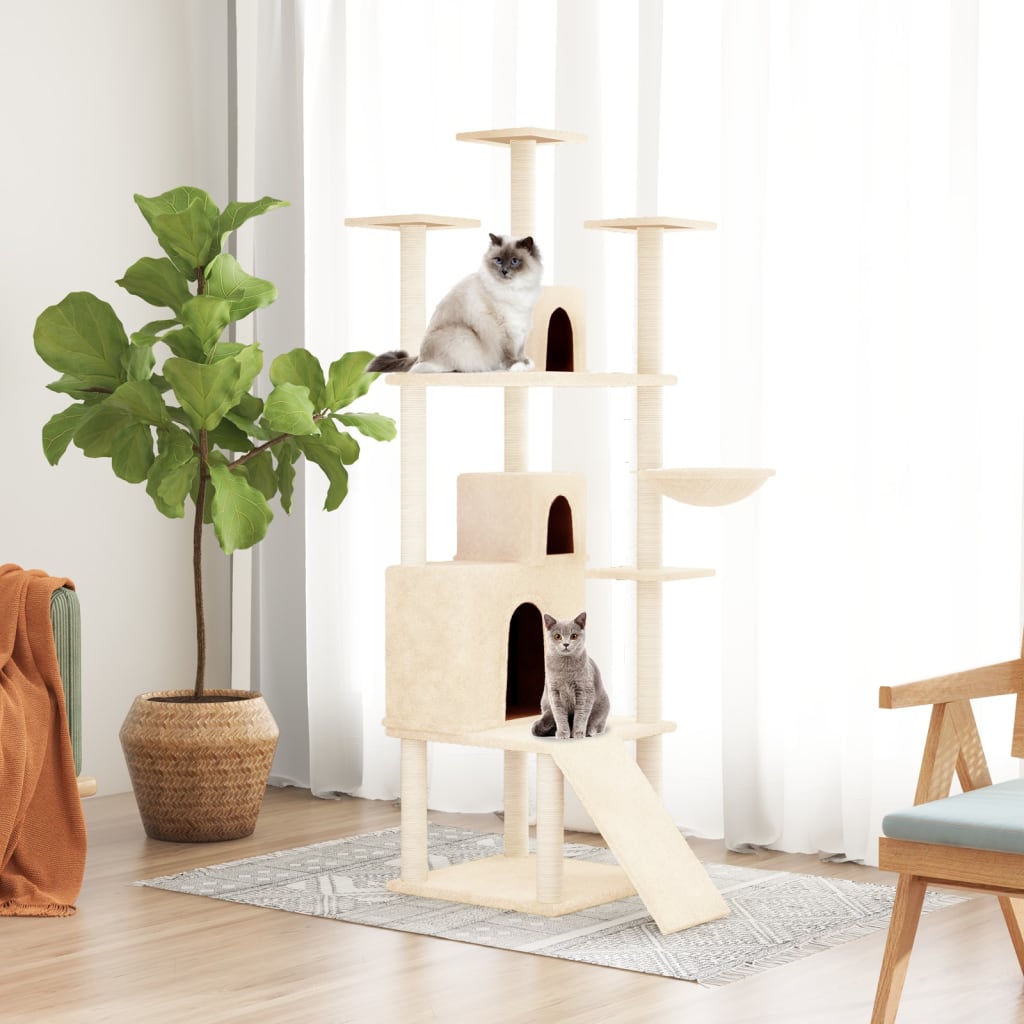 Arbre à chat en bois avec niche avec hamac – Crème – 175 cm