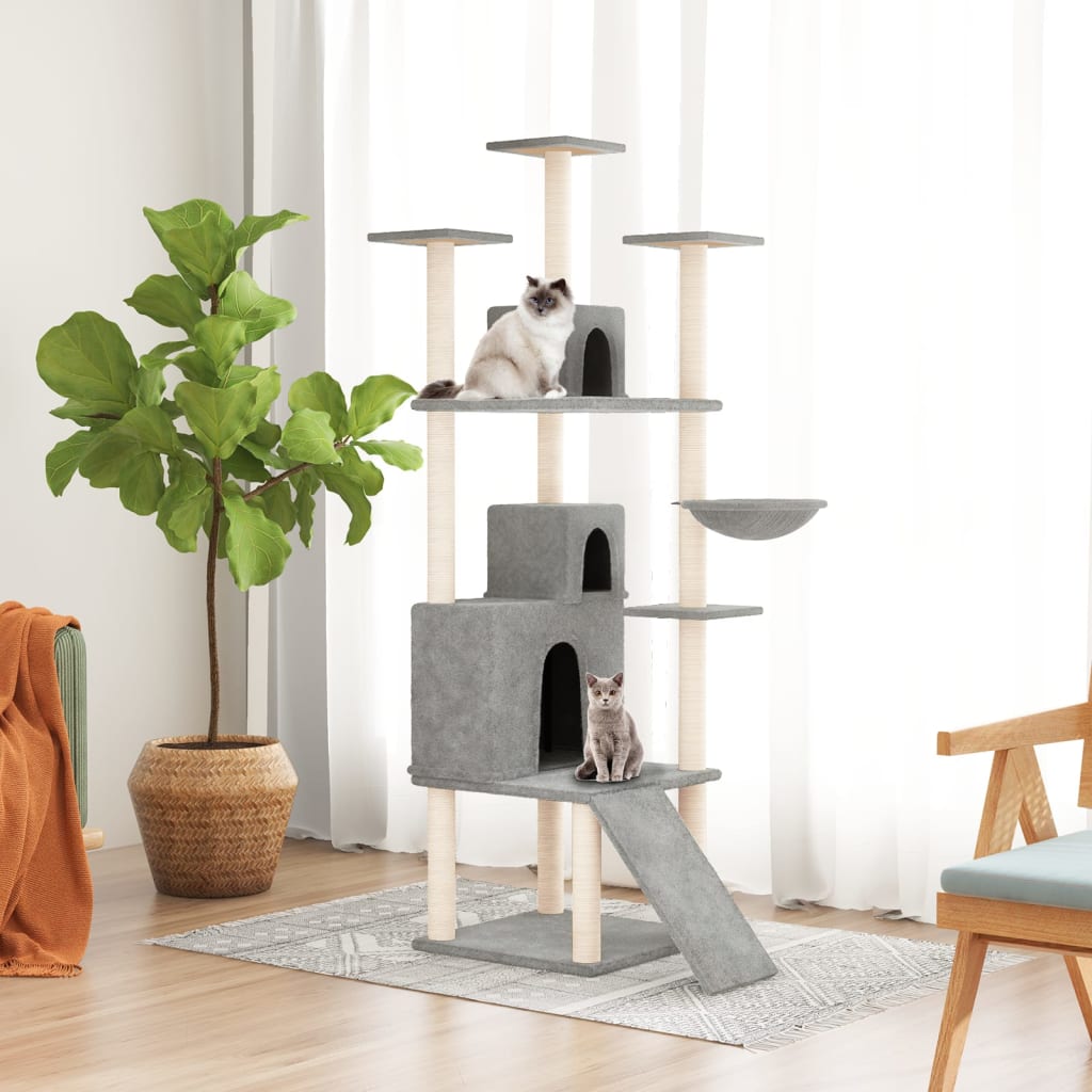 Arbre à chat en bois avec niche avec hamac – Gris clair – 175 cm