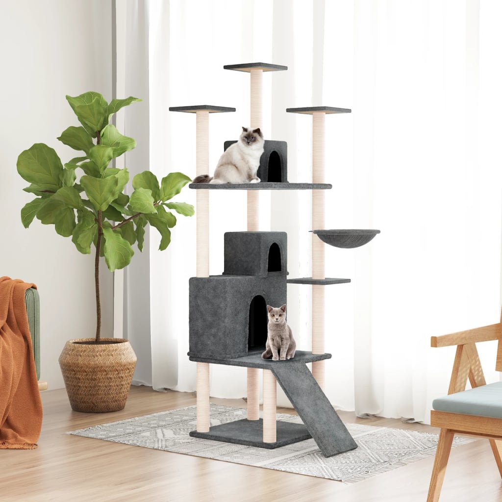 Arbre à chat en bois avec niche avec hamac – Gris foncé – 175 cm