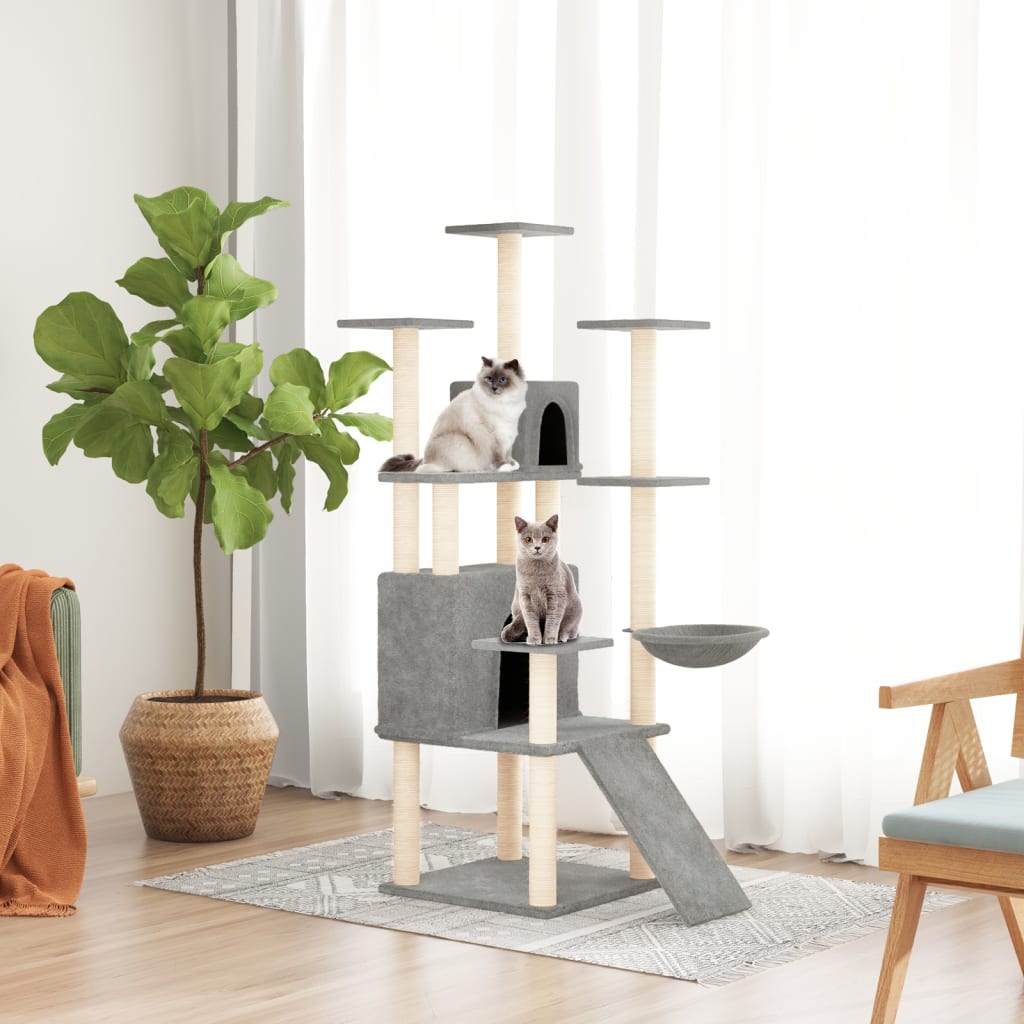 Arbre à chat en bois avec niche avec hamac – Gris clair – 154 cm