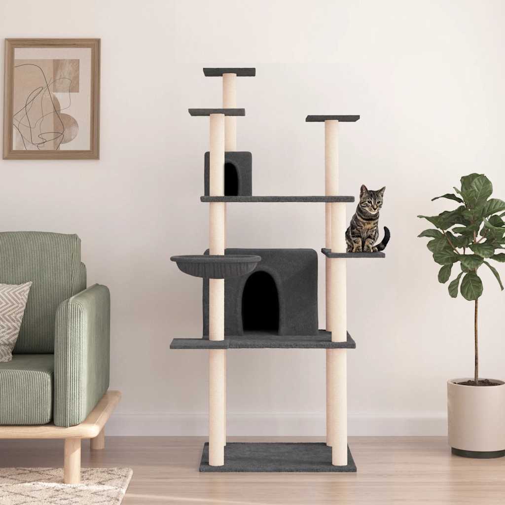 Arbre à chat en bois avec niche avec panier – Gris foncé – 166 cm