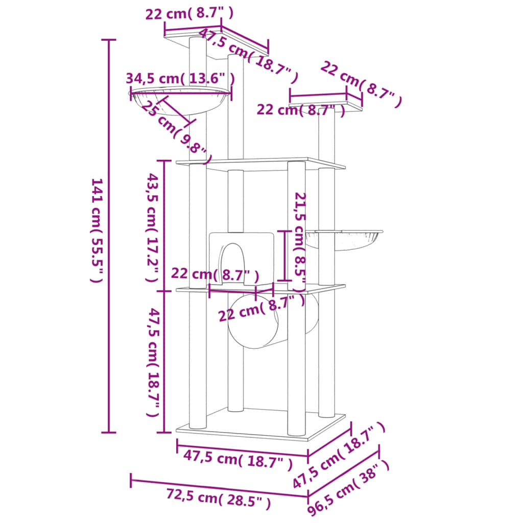 Arbre à chat en bois avec niche avec 2 paniers – Gris clair – 141 cm – vue 8