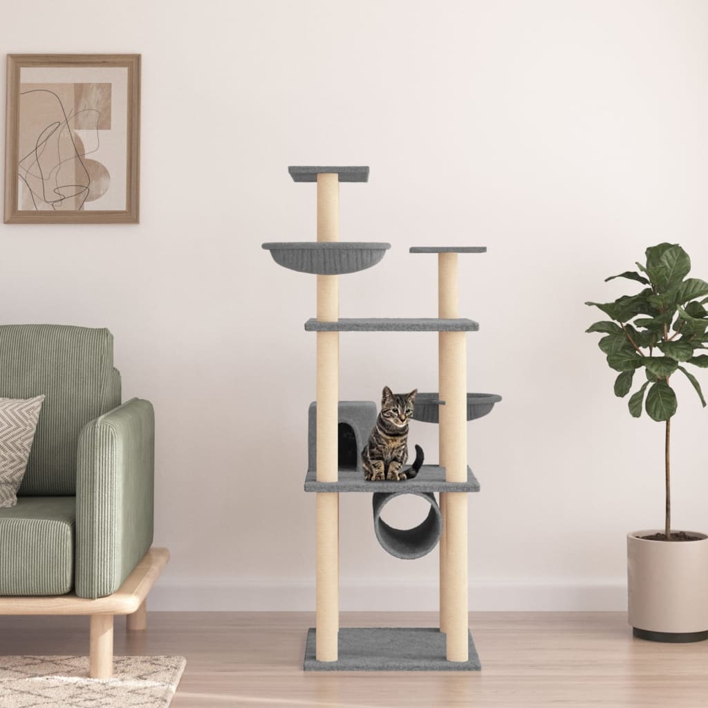 Arbre à chat en bois avec niche avec 2 paniers – Gris clair – 141 cm
