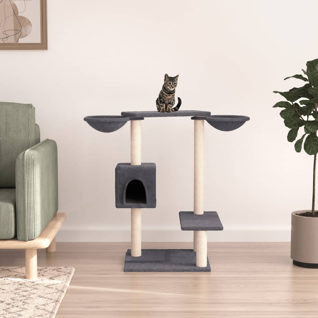 Petit arbre à chat en bois avec niche avec 2 paniers – Gris foncé – 82 cm