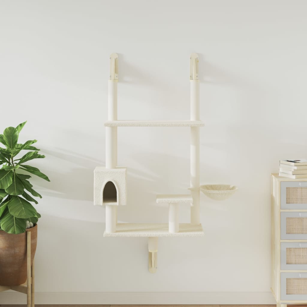 Arbre à chat mural en bois avec niche avec panier – Crème – 153 cm
