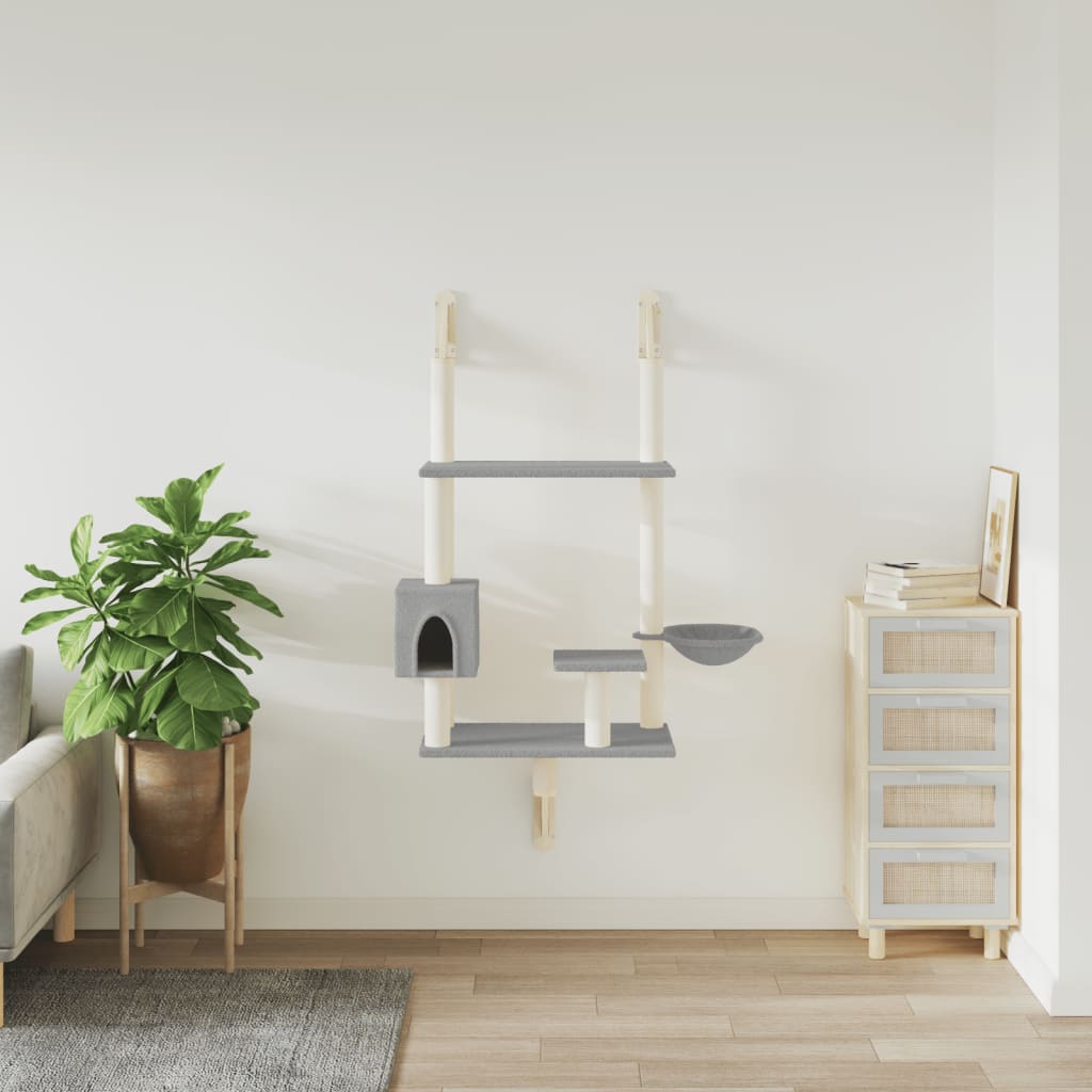 Arbre à chat mural en bois avec niche avec panier – Gris clair – 153 cm – vue 3